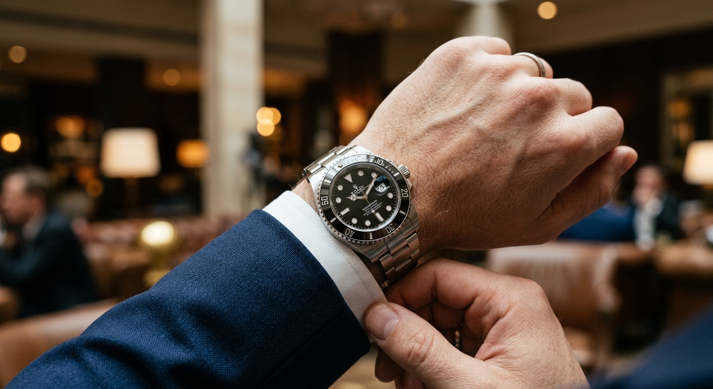 גבר לובש חליפה כחולה מסדר את שרוול חולצתו ועונד שעון יוקרה מסוג רולקס סאבמרינר על פרק כף ידו.