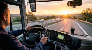 נהג מקצועי אוחז בהגה בתוך תא הנהג של אוטובוס או משאית בזמן נסיעה על כביש מהיר בשעת שקיעה