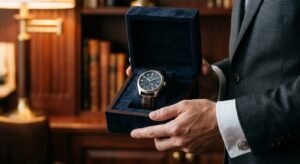 גבר בחליפה אלגנטית מחזיק קופסת מתנה פתוחה ובה שעון יד יוקרתי לגבר עם רצועת עור חומה.